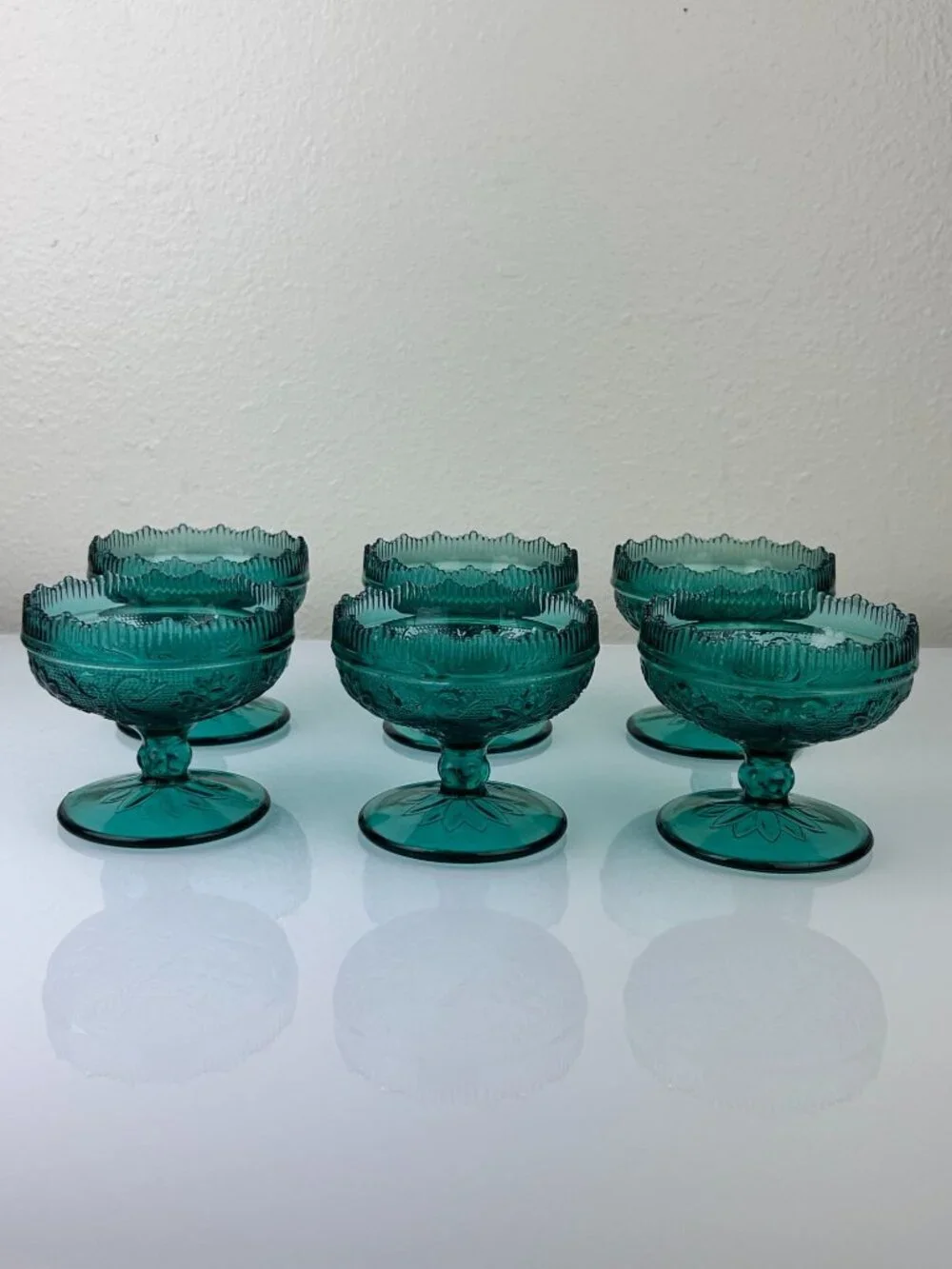 Tiara Indiana Green Glass Spruce Sherbet Compote Pedestal Bowls Cups Set of 6